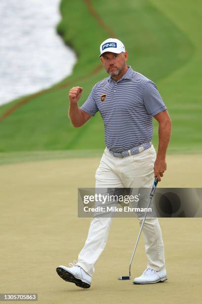 Lee Westwood of England reacts after making a putt for birdie on the 18th green during the third round of the Arnold Palmer Invitational Presented by...