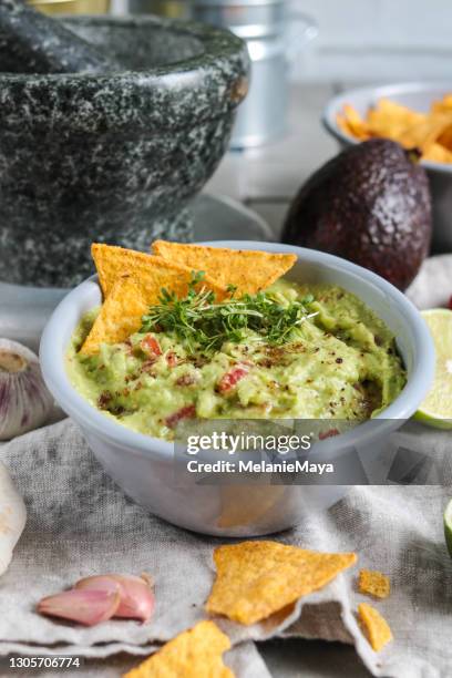 homemade guacamole avocado dip with nacho chips - nachos guacamole stock pictures, royalty-free photos & images