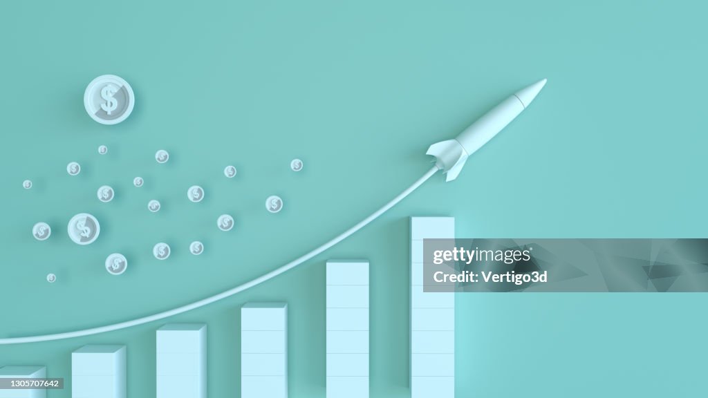 Grafici e grafici sulle tendenze aziendali. Simbolo del dollaro con razzo