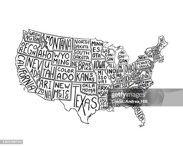 usa states map ink drawing with state names. vector eps10 illustration - black and white map of the united states stock illustrations