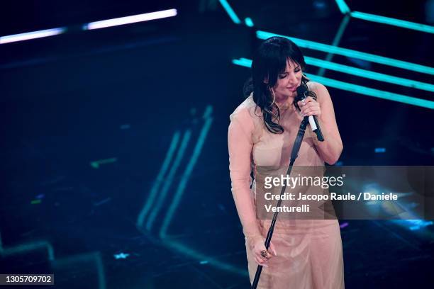 Arisa is seen on stage during at the 71th Sanremo Music Festival 2021 at Teatro Ariston on March 06, 2021 in Sanremo, Italy.