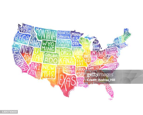 usa states map watercolor and ink illustration with state names. vector eps10 illustration - black and white map of the united states stock illustrations