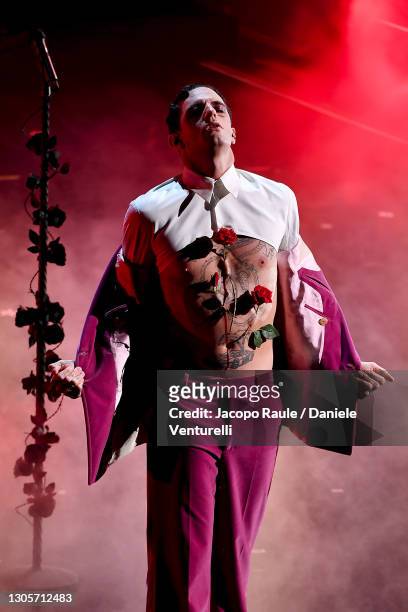 Achille Lauro is seen on stage during at the 71th Sanremo Music Festival 2021 at Teatro Ariston on March 06, 2021 in Sanremo, Italy.