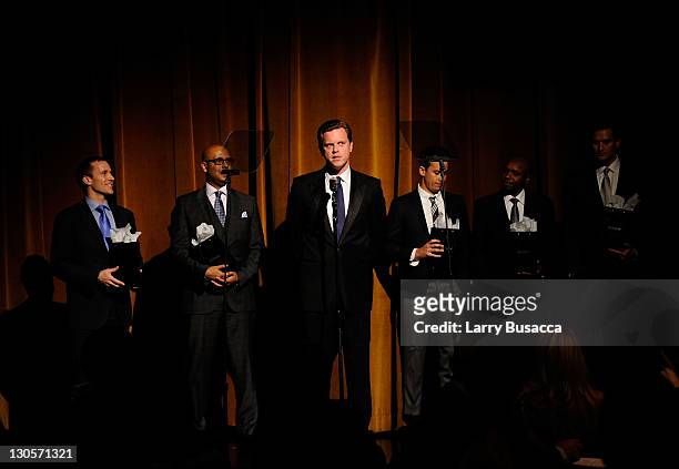 Honorees Eric Greitens, Tim King, TV personality Willie Geist, honorees Laren Poole, Deo Niyizonkiza and Jake Wood onstage at the GQ's Gentlemen's...