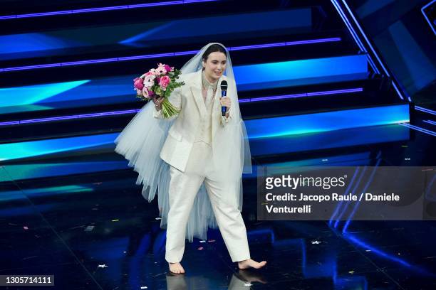 Madame is seen on stage during at the 71th Sanremo Music Festival 2021 at Teatro Ariston on March 06, 2021 in Sanremo, Italy.