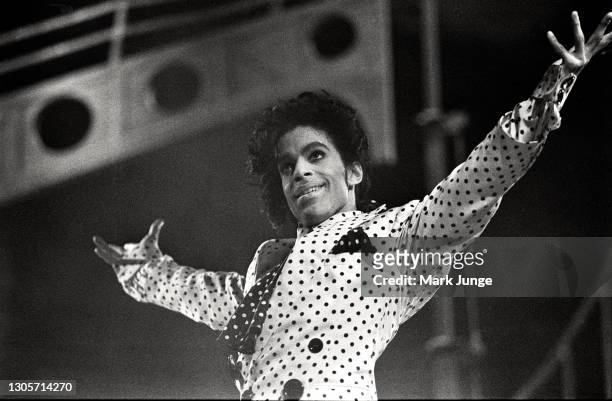Prince Rogers Nelson was a singer, songwriter, musician, record producer, dancer and actor. He is shown performing in his “Lovesexy World Tour” at...