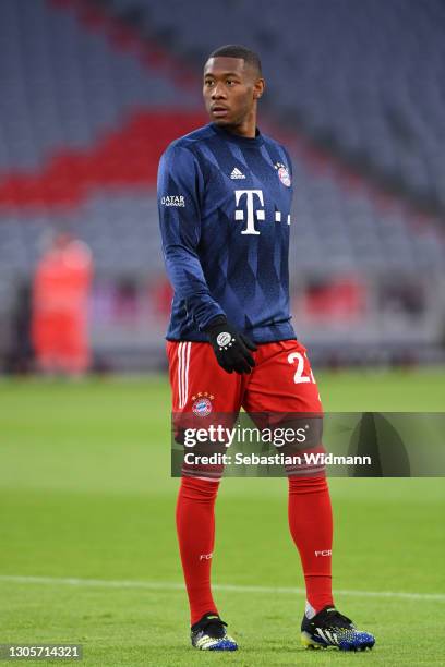 David Alaba of Bayern Muenchen looks on prior to the Bundesliga match between FC Bayern Muenchen and Borussia Dortmund at Allianz Arena on March 06,...