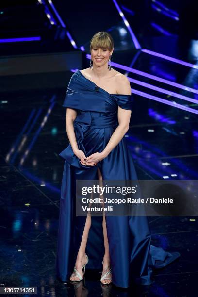 Federica Pellegrini is seen on stage during at the 71th Sanremo Music Festival 2021 at Teatro Ariston on March 06, 2021 in Sanremo, Italy.