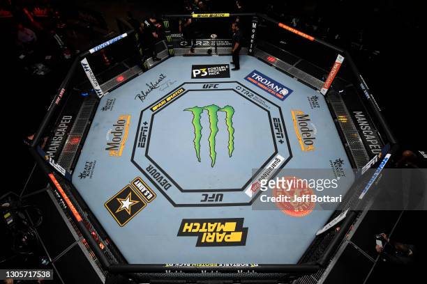 An overhead view of the Octagon during the UFC 259 event at UFC APEX on March 06, 2021 in Las Vegas, Nevada.
