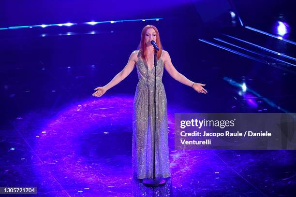 Noemi is seen on stage during the 71th Sanremo Music Festival 2021 at Teatro Ariston on March 06, 2021 in Sanremo, Italy.