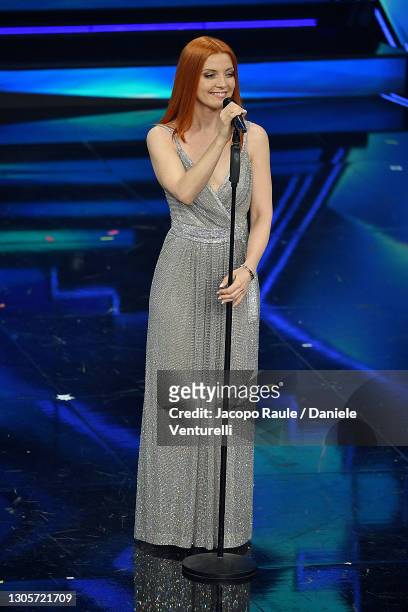 Noemi is seen on stage during the 71th Sanremo Music Festival 2021 at Teatro Ariston on March 06, 2021 in Sanremo, Italy.