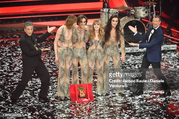 Maneskin band celebrates after being awarded with the top prize at the 71th Sanremo Music Festival 2021 at Teatro Ariston on March 06, 2021 in...