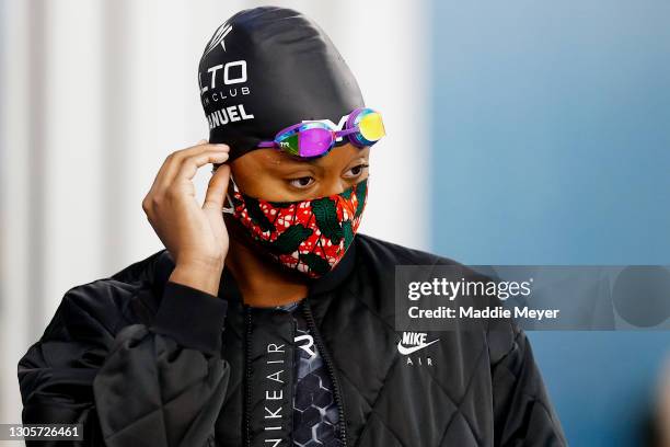 Simone Manuel looks on after competing in the Women's 50 Meter Freestyle Final on Day Four of the TYR Pro Swim Series at San Antonio on March 06,...