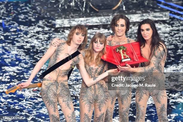 Maneskin band celebrates on stage during the 71th Sanremo Music Festival 2021 at Teatro Ariston on March 06, 2021 in Sanremo, Italy.