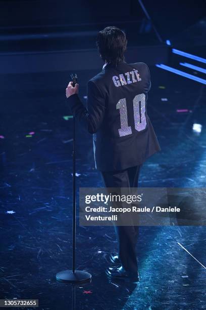 Max Gazzè is seen on stage during the 71th Sanremo Music Festival 2021 at Teatro Ariston on March 06, 2021 in Sanremo, Italy.