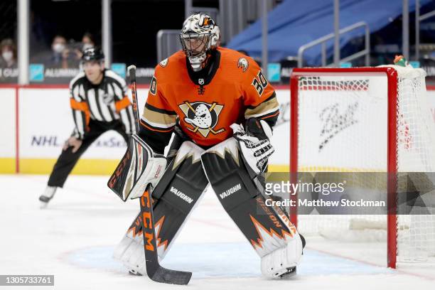 Ryan Miller of the Anaheim Ducks tends goal against the Colorado Avalanche in the second period at Ball Arena on March 06, 2021 in Denver, Colorado.