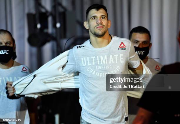 Aleksandar Rakic of Austria prepares to fight Thiago Santos of Brazil in their light heavyweight fight during the UFC 259 event at UFC APEX on March...