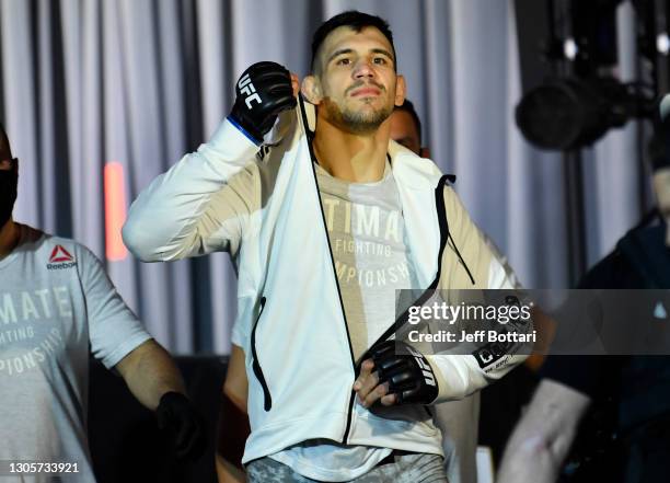 Aleksandar Rakic of Austria prepares to fight Thiago Santos of Brazil in their light heavyweight fight during the UFC 259 event at UFC APEX on March...