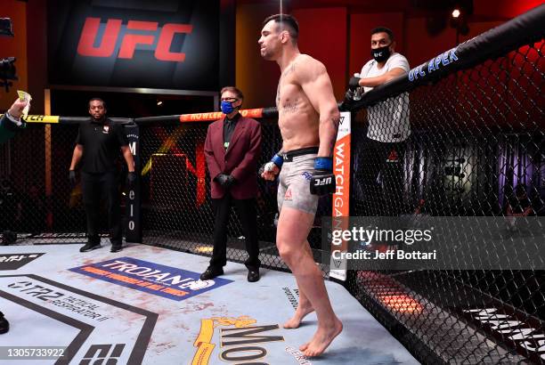 Aleksandar Rakic of Austria prepares to fight Thiago Santos of Brazil in their light heavyweight fight during the UFC 259 event at UFC APEX on March...