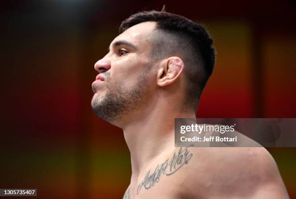 Aleksandar Rakic of Austria prepares to fight Thiago Santos of Brazil in their light heavyweight fight during the UFC 259 event at UFC APEX on March...