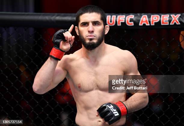 Islam Makhachev prepares to fight Drew Dober in their lightweight fight during the UFC 259 event at UFC APEX on March 06, 2021 in Las Vegas, Nevada.