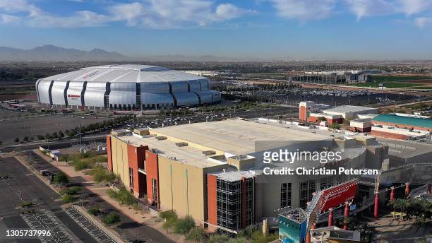 An aerial view from a drone of Gila River Arena and State Farm Stadium before the NHL game between the Arizona Coyotes and the Minnesota Wild on...