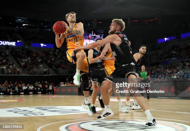 Nathan Sobey of the Bullets drives at the basket during the NBL Cup match between Melbourne United and the Brisbane Bullets at John Cain Arena on...