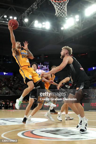 Nathan Sobey of the Bullets drives at the basket during the NBL Cup match between Melbourne United and the Brisbane Bullets at John Cain Arena on...