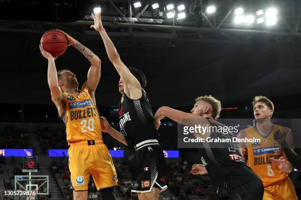 Nathan Sobey of the Bullets shoots during the NBL Cup match between Melbourne United and the Brisbane Bullets at John Cain Arena on March 07 in...