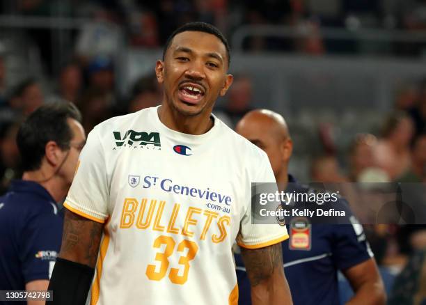 Orlando Johnson of the Bullets reacts during the NBL Cup match between Melbourne United and the Brisbane Bullets at John Cain Arena on March 07 in...