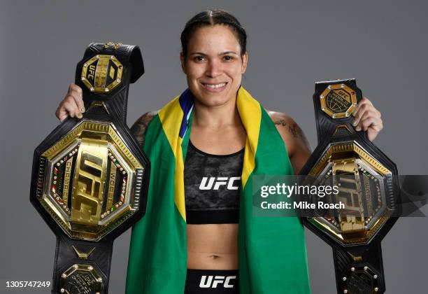 Amanda Nunes of Brazil poses for a portrait after her victory during the UFC 259 event at UFC APEX on March 06, 2021 in Las Vegas, Nevada.
