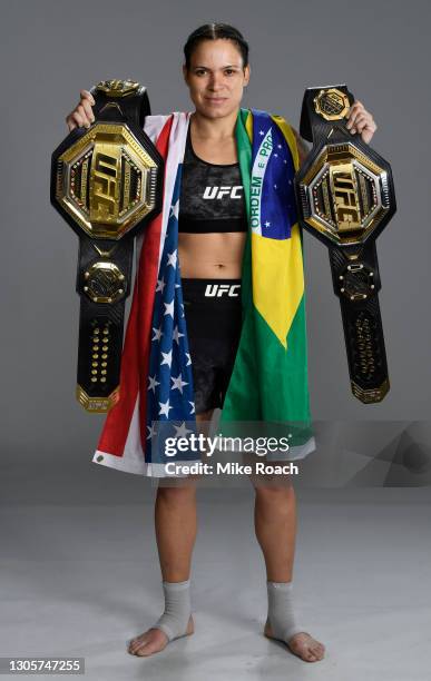 Amanda Nunes of Brazil poses for a portrait after her victory during the UFC 259 event at UFC APEX on March 06, 2021 in Las Vegas, Nevada.