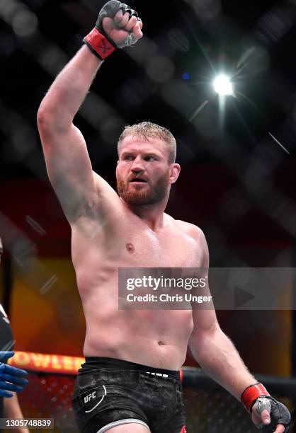 Jan Blachowicz of Poland reacts after the conclusion of his UFC light heavyweight championship fight against Israel Adesanya of Nigeria during the...