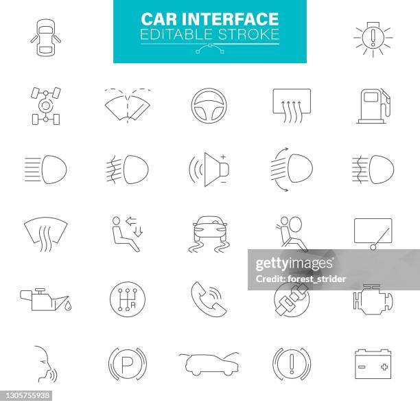 汽車介面圖示可編輯衝程。包含機械、計算機診斷、方向盤、電池、變速箱等圖示 - airbag 幅插畫檔、美工圖案、卡通及圖標