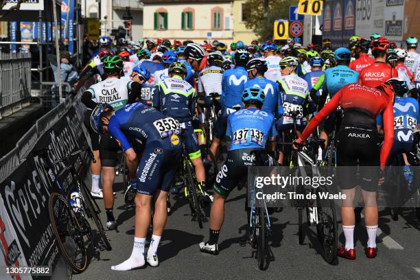 Start / Alvaro Jose Hodeg Chagui of Colombia and Team Deceuninck - Quick-Step, Vincenzo Albanese of Italy and Eolo-Kometa Cycling Team & the peloton...