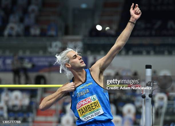 Gianmarco Tamberi of Italy celebrates after a jump in the Men's High Jump final during the first session on Day 3 of the European Athletics Indoor...