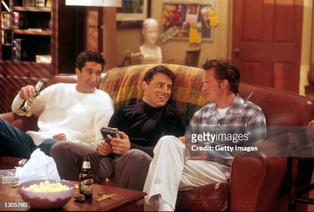 From left to right, David Schwimmer, as Ross, Matt LeBlanc, as Joey, and Matthew Perry as Chandler act in a scene from the television comedy...