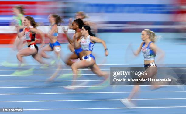 Athletes compete in the Women's 60 metres semi-final during the first session on Day 3 of the European Athletics Indoor Championships at Arena Torun...