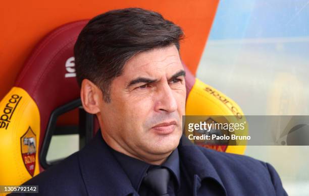Paulo Fonseca, Head Coach of Roma looks on prior to the Serie A match between AS Roma and Genoa CFC at Stadio Olimpico on March 07, 2021 in Rome,...