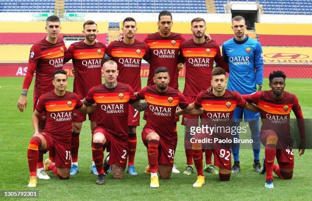 The AS Roma team pose for a team photo prior to the Serie A match between AS Roma and Genoa CFC at Stadio Olimpico on March 07, 2021 in Rome, Italy....