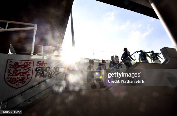 Players of Birmingham City make their way to the pitch from the dressing room prior to the Barclays FA Women's Super League match between Birmingham...