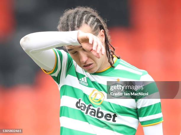 Dejected Diego Laxalt of Celtic is seen at full time during the Ladbrokes Premiership match between Dundee United and Celtic at Tannadice Park on...