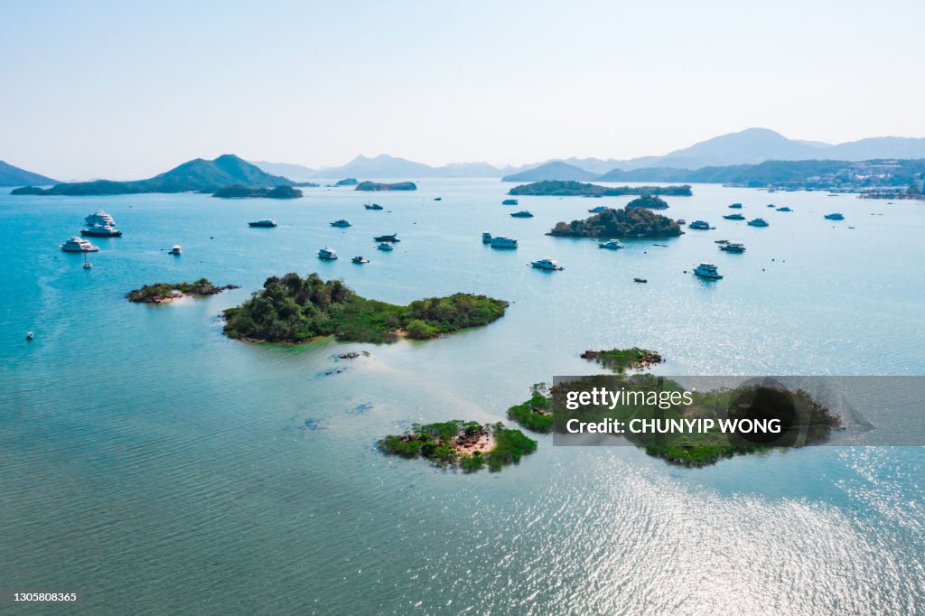 Amazing aerial panorama view of Sai Kung, the famous vacation location in Hong Kong