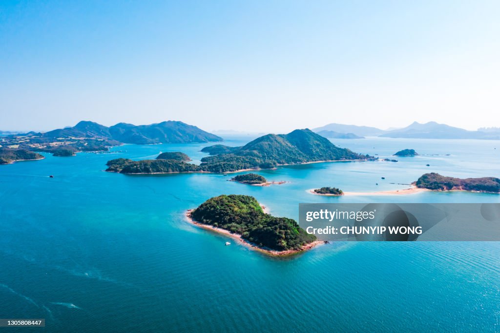 Amazing aerial panorama view of Sai Kung, the famous vacation location in Hong Kong