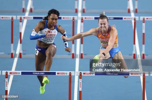 Cynthia Sember of Great Britain and Nadine Visser of Netherlands compete in the Women's 60 Metres Hurdles during the second session on Day 3 of the...