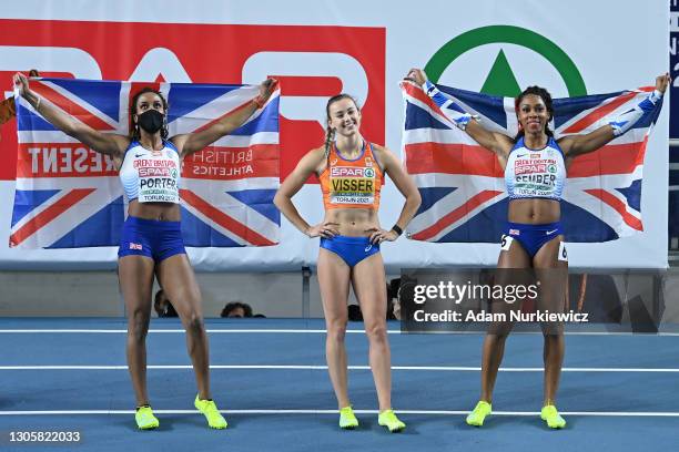 Bronze medalist Tiffany Porter of Great Britain, gold medalist Nadine Visser of Netherlands and silver medalist Cynthia Sember of Great Britain pose...