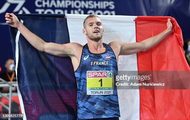 Gold medalist Kevin Mayer of France celebrates following Men's Heptathlon during the second session on Day 3 of the European Athletics Indoor...