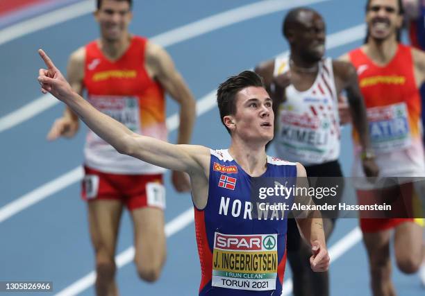 Gold medalist Jakob Ingebrigtsen of Norway celebrates after winning the Men’s 3000 Metres final during the second session on Day 3 of the European...