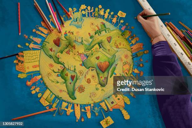 children's drawing of planet earth - kid thinking stock illustrations