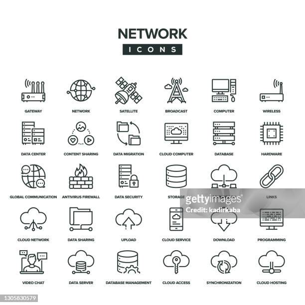 ilustraciones, imágenes clip art, dibujos animados e iconos de stock de conjunto de iconos de línea de red - network server
